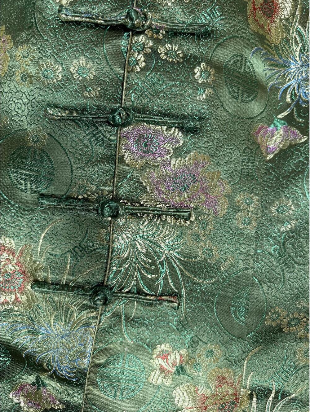 Green Silk Brocade Cheongsam Top Floral Qipao Blouse Frog Closures SM - Picture 2 of 3